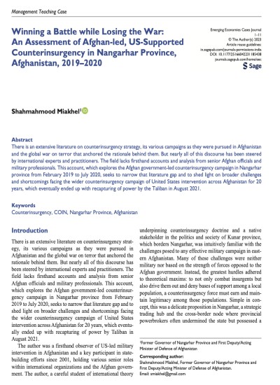 Winning a Battle while Losing the War: An Assessment of Afghan-led, US-Supported Counterinsurgency in Nangarhar Province, Afghanistan, 2019–2020